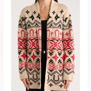 Lucky Brand Beige and Red Geometric Cardigan
